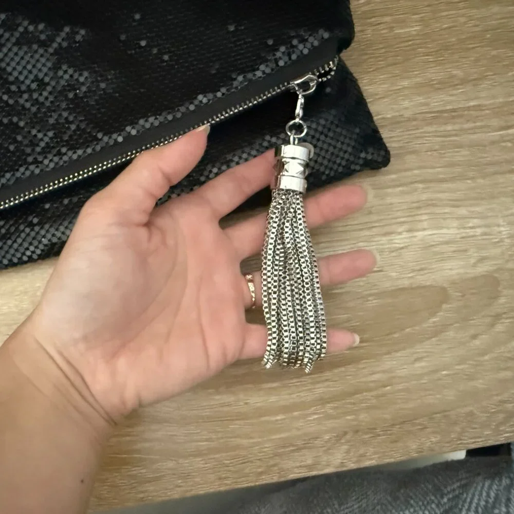 Black mesh chain beaded retro fold over evening clutch tassel party purse bag - Picture 5 of 9